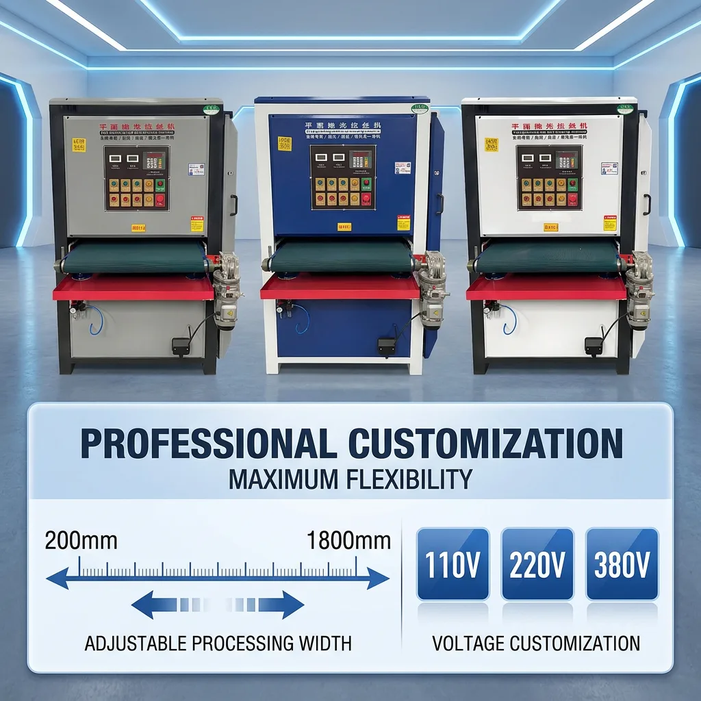 PCL deburring machine shown in three width and color configurations, plus voltage options