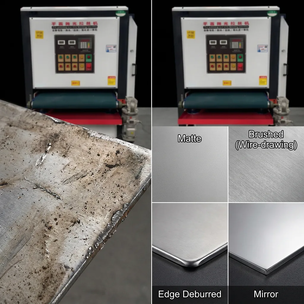 Comparison of raw welded steel edge against matte, brushed wire-drawn, edge-deburred, and mirror stainless steel finishes