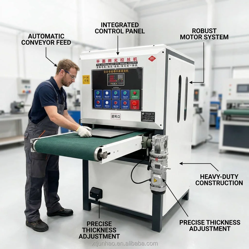 PCL metal deburring and wire-drawing machine with automatic conveyor feed, integrated control panel, robust motor system, and precise thickness adjustment