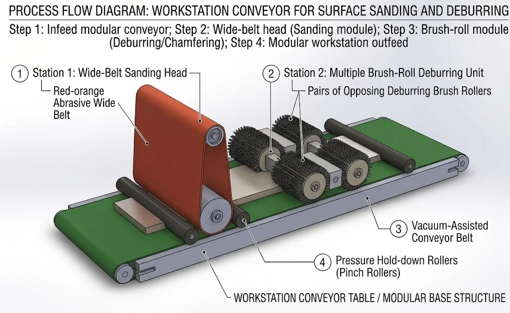 Process flow diagram: infeed conveyor, wide-belt sanding head, brush-roll deburring/chamfering unit, pressure hold-down rollers, and outfeed